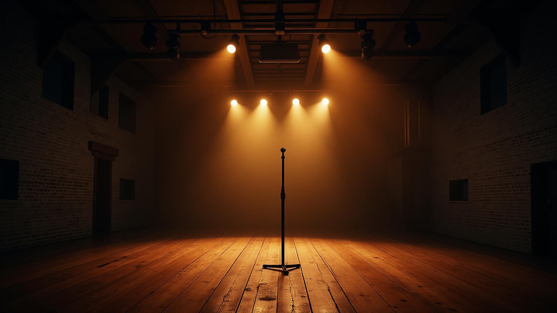 Empty stage with microphone and dramatic lighting